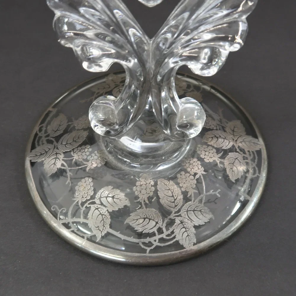 Glass Candle Holders Silver City Grapes Raspberry Clear Silver Overlay 5.5